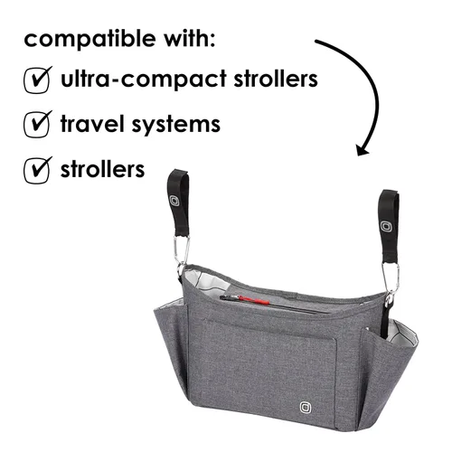 Vista 6 de Organizador universal para cochecito Diono Buggy Buddy XL con portavasos, sujeción segura, bolsillos con cremallera, seguro y protegido, gris