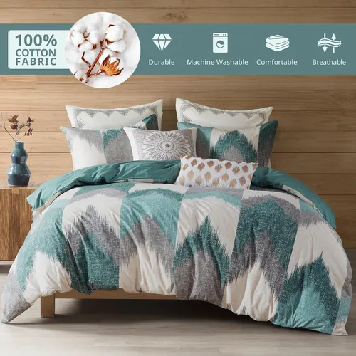 Vista 2 de Ink+Ivy Juego de edredón tamaño King, acogedor edredón de algodón para todas las estaciones, juego de cama ligero con 2 fundas a juego, diseño Aqua