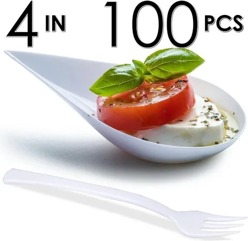 Vista 7 de DLux 100 mini platos de aperitivo de 4 pulgadas con tenedores, cucharas de plástico blanco reutilizables, platos para servir postres y aperitivos