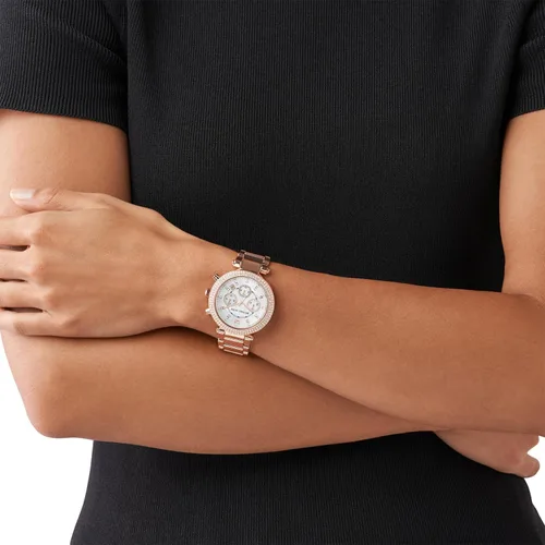 Vista 4 de Michael Kors - Reloj Parker de acero inoxidable y cristal pavé para mujer, con correa de acero, cuero o silicona