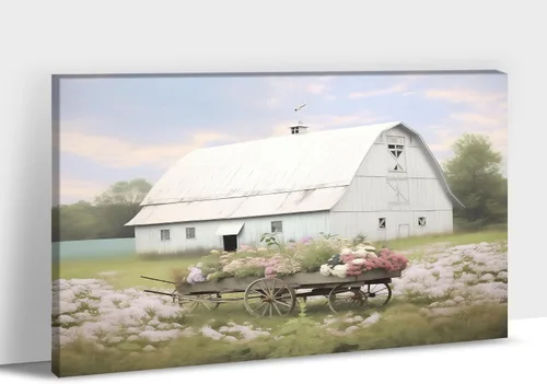 Vista 44 de Arte de pared con estampado de granero blanco de granja, granero y vaca, arte de pared con imágenes de granero blanco, cuadros rústicos de campo