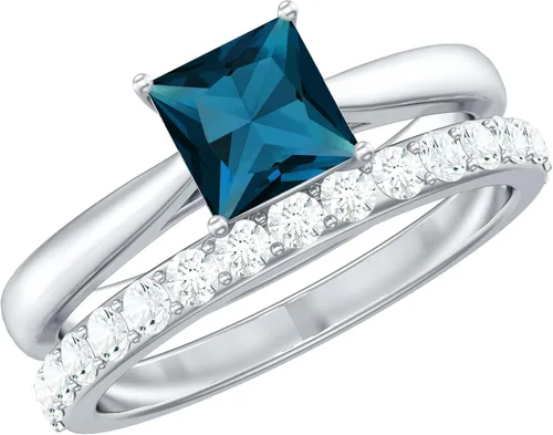 Vista 10 de Juego de anillos de boda de topacio azul Londres con diamante, juego de anillos solitarios de topacio azul de corte princesa para mujer (calidad AAA)