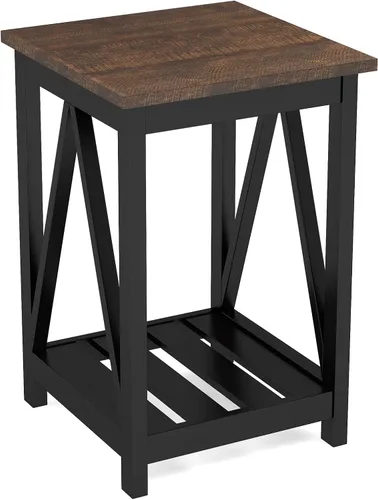Vista 6 de ChooChoo - Mesa auxiliar estilo granja, mesa auxiliar rústica vintage con estante de almacenamiento para espacios pequeños, mesita de noche