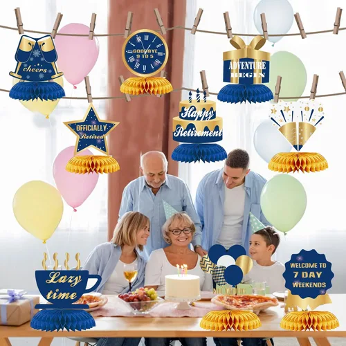 Vista 3 de 9 piezas de decoración de feliz jubilación, centros de mesa de nido de abeja, suministros de fiesta, suministros de aventura de jubilación