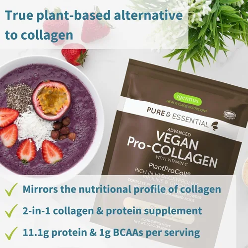 Vista 3 de Polvo de proteína de péptido de colágeno vegano puro y esencial y paquete vegano de Omega 3, fórmula completa para estimular el colágeno y aceite