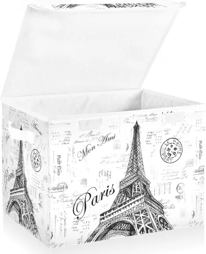 Vista 2 de Kigai Paris - Papeleras de almacenamiento plegables con tapa de torre Eiffel con doble asa, caja de almacenamiento abatible para documentos de ropa