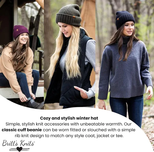 Vista 5 de Britt's Knits Gorro de punto para mujer Mainstay para clima frío, doble capa, estilo clásico, con puños, talla única