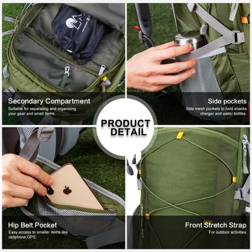 Vista 5 de Mochila de senderismo MOUNTAINTOP de 40 L, mochila ligera para exteriores Verde militar