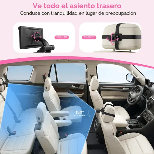 Vista 6 de Cámara de Coche para Bebé Itomoro, Pantalla de 5 Pulgadas de Doble Canal con 2 Cámaras de Visión Nocturna IR, Fácil Instalación de Espejo de Coche