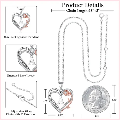 Vista 6 de Memorjew Regalos de corazón rosa para mujer, plata de ley 925, collar con dije de corazón con letra inicial de corazón, regalo de cumpleaños
