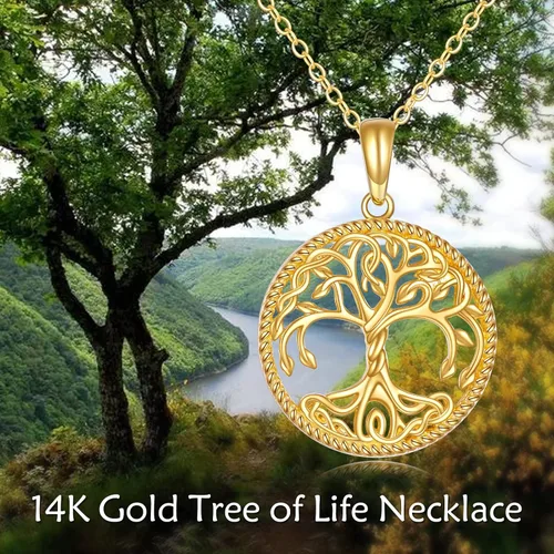 Vista 5 de KECHO Collar con colgante de árbol de la vida de oro amarillo de 14 quilates para mujer, joyería fina para árbol genealógico, Yellow Gold, Circonia