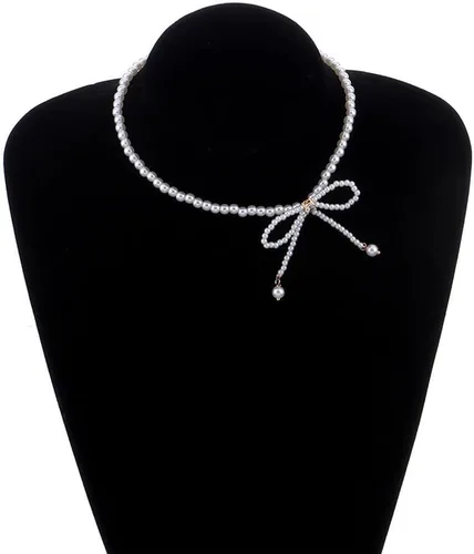 Vista 5 de Shegirl Gargantilla de perlas estilo bohemio, collar de cadena de lazo de oro, collar de lazo de cristal de perlas, collar de perlas vintage