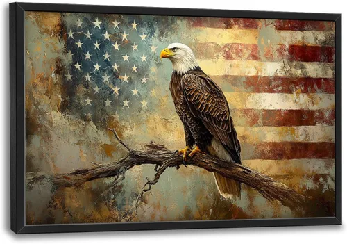 Vista 18 de Arte de pared grande de soldado para sala de estar, bandera patriótica de Estados Unidos, decoración en lienzo con marco militar, impresiones
