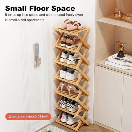Vista 2 de YYW Zapatero de bambú para entrada, estantes de zapatos de pie libre, estante de armario, organizador vertical plegable de almacenamiento de zapatos