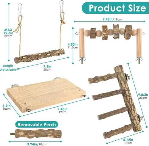 Vista 2 de DBNESS 4 perchas para pájaros con columpio, escalera de loro con bloques para masticar, jaula de pájaros, accesorios de gimnasio para conure