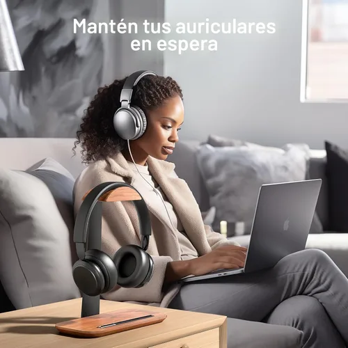 Vista 4 de UPERGO Soporte para auriculares de nogal, soporte de auriculares de madera para escritorio, soporte universal para auriculares con base