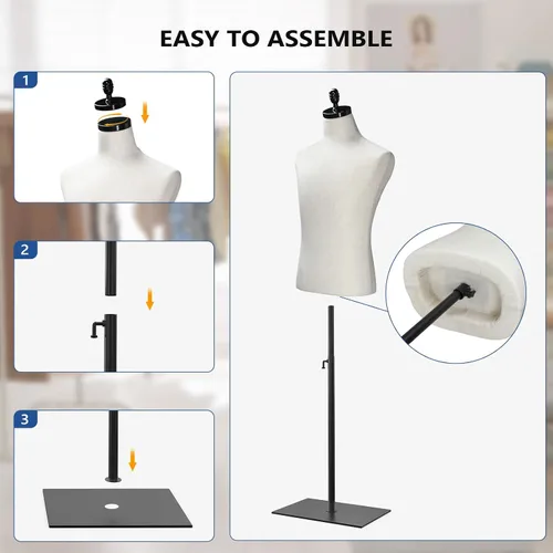 Vista 5 de VINGLI Torso de maniquí masculino con soporte de madera/metal, altura ajustable, cuerpo de vestido masculino para exhibición y costura de ropa