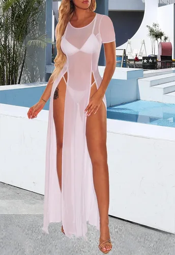 Vista 4 de Traje de baño para mujer vestido sexy de malla transparente para cubrir bikini tops de red, prendas de playa.