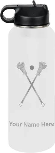 Vista 55 de LaserGram Botella de agua personalizada, palitos de lacrosse, acero inoxidable de doble pared aislada al vacío con popote superior, regalo grabado
