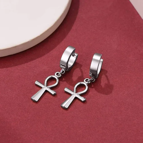 Vista 9 de FaithHeart Aretes de aro Huggie para mujer, acero inoxidable, chapado en oro de 18 quilates, aretes colgantes de gota de AnkhCrossCandkBocina