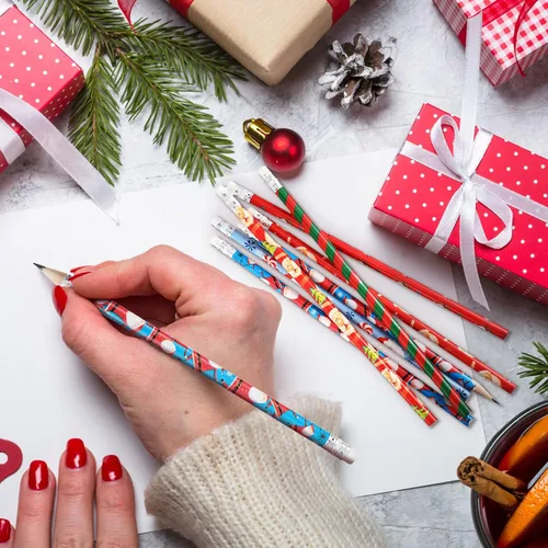Vista 3 de Outus 48 lápices de Navidad con borrador, lápices de madera de Navidad, lápiz navideño con elementos de Navidad para regalos de Navidad, suministros