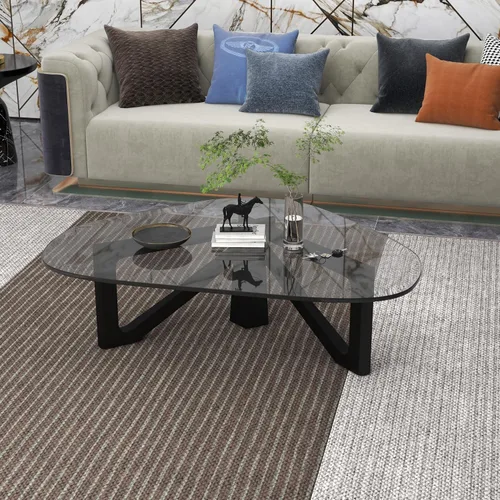 Vista 2 de LeisureMod Mesa de centro triángulo imperial, tapa moderna de cristal negro, marco europeo sólido de madera dura