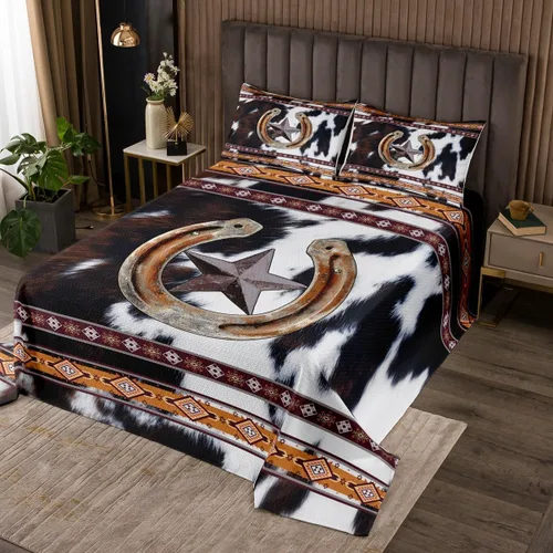 Vista 13 de Colcha de caballo de girasol, tamaño individual, ropa de cama acolchada de herradura con estrellas del oeste de Texas para cabaña rústica de granja