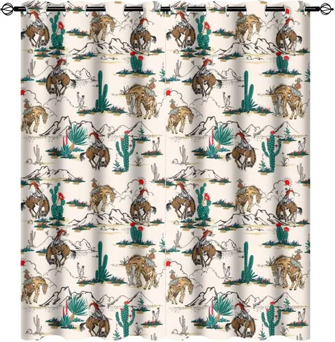 Vista 47 de Cortinas opacas retro de vaquero occidental para dormitorio, estilo rústico, cactus, salvaje oeste, vaquero, paseo, caballo, con ojales, aislamiento