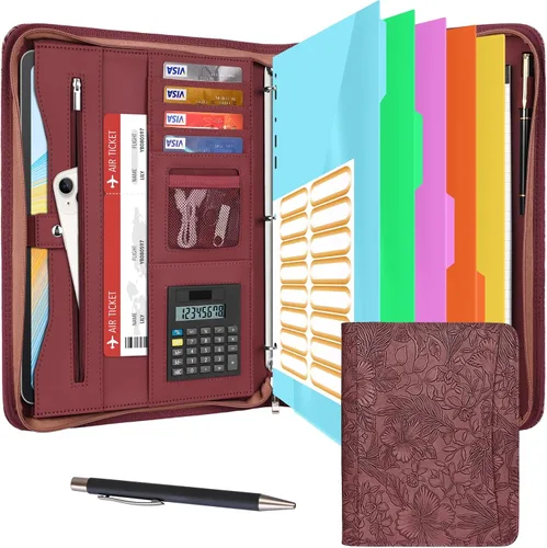 Vista 14 de Eshow Padfolio para hombres y mujeres con bolígrafo, cartera de cuero con cremallera, organizador profesional de currículum de entrevistas