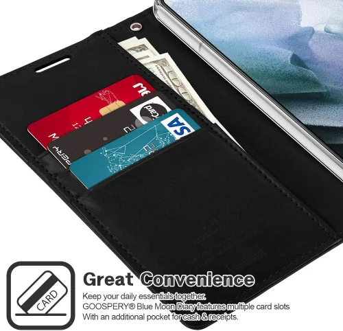 Vista 4 de GOOSPERY Funda Blue Moon para Galaxy S21 de 6.2 pulgadas (2021), soporte de piel sintética premium con soporte para tarjetas (negro)
