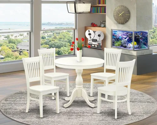 Vista 2 de East West Furniture AMVA5-LWH-W - Juego de mesa y sillas de cocina de 5 piezas, incluye una mesa de comedor redonda con pedestal y 4 sillas