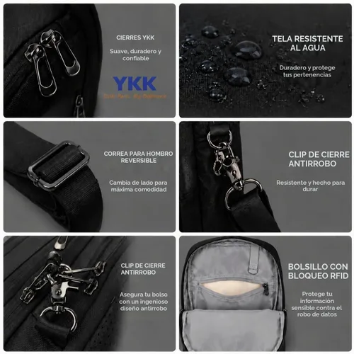 Vista 4 de Mochila bandolera RFID, bandolera de hombro para hombre para viaje de iPad Negro
