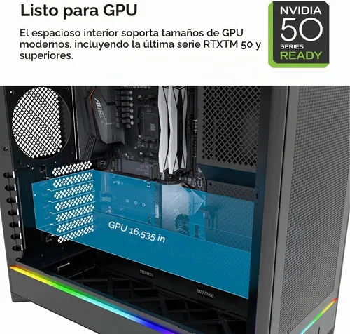 Vista 3 de Caja de PC Montech Serie HS ATX de torre media, PC para juegos, alto flujo de aire, diseño reversible, panel frontal curvo robusto de vidrio