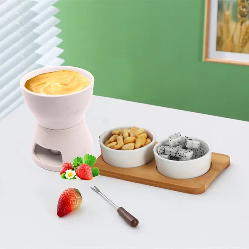 Vista 6 de Juego de ollas de fondue con 4 tenedores de cerámica calentador de mantequilla, juego de té de alta calidad, olla de fusión de porcelana
