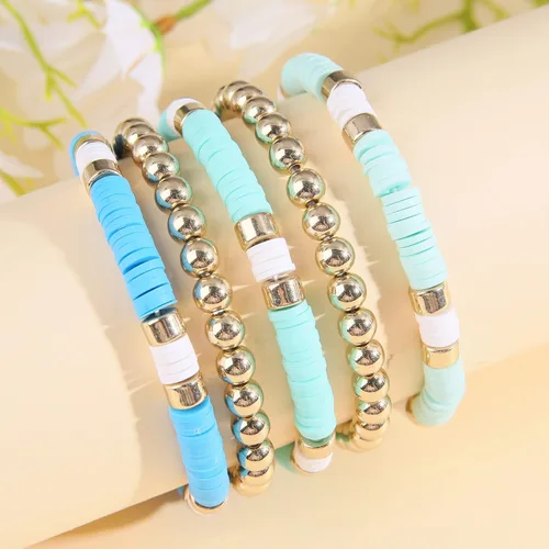 Vista 4 de Wonlte - Juego de pulseras de cuentas de arcilla Heishi, pulseras elásticas apilables con cuentas de mal de ojo, pulseras elásticas apilables