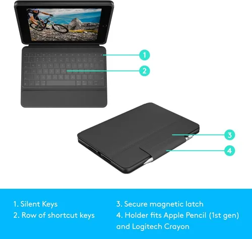 Vista 6 de Logitech Rugged Folio - Funda protectora para iPad (7ª, 8ª y 9ª generación) con conector inteligente, soporte, teclado duradero a prueba