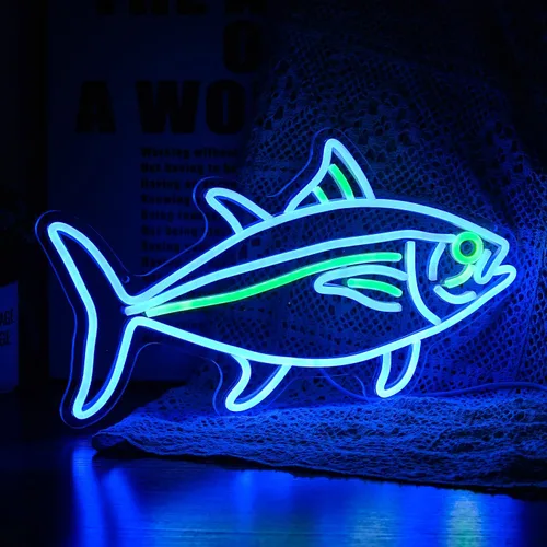 Vista 2 de Letrero de luces de neón de atún con diseño de pez azul y verde para decoración de pared, letreros LED regulables para dormitorio, sala de estar