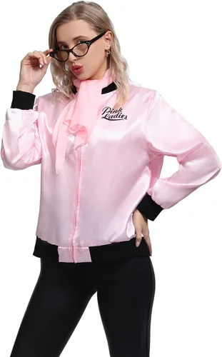Vista 3 de Wizland Chaqueta de grasa rosa para mujer, disfraz de Halloween, cosplay, chaqueta de satén rosa de los años 50 con bufandas para el cuello y gafas