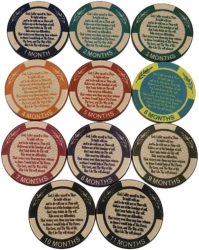 Vista 7 de 5 meses AA Chip Tercer Paso Oración en la parte posterior 150 Días Sobriedad Chip Mensual AA Monedas