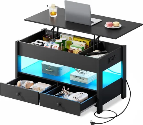 Vista 9 de WLIVE Mesa de Centro, Mesa de Centro con Tapa Elevable con 2 Cajones, Gran Almacenamiento y Estante Abierto, Tapa de Mesa Elevable para Sala de Negro