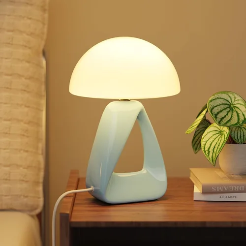 Vista 9 de Lámpara de hongo, pequeña lámpara de mesa para dormitorio, lámpara de noche creativa geométrica con base de cerámica, lámpara de mesa auxiliar
