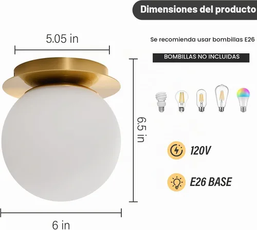 Vista 4 de Aplique de Pared Moderno de Latón con Forma de Globo: Lámpara de Pared Montada en Interiores Moderna de Mediados de Siglo Dorada de 6" - Pequeños