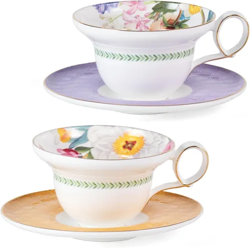 Vista 29 de KAMMAK Juego de 2 tazas de café de cerámica, tazas de café de porcelana con platillos, 6.52 onzas hechas a mano, elegante taza de té de porcelana