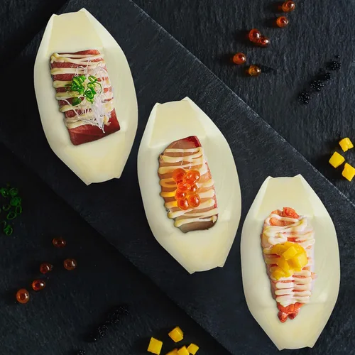 Vista 8 de Hemoton 100 botes desechables de bambú para sushi, bandeja de madera biodegradable, 5.5 x 3.14 x 1.57 pulgadas, 100 piezas, para sushi, aperitivo