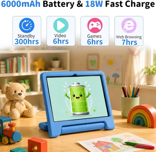 Vista 6 de WXUNJA Tablet Android 15 Kids 2025, tabletas actualizadas de 10.1 pulgadas con procesador Octa-Core, batería de 6000 mAh, espacio para niños