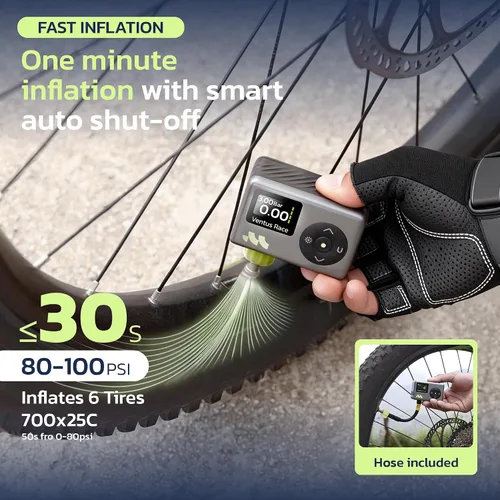 Vista 2 de Ventus Race Mini bomba de bicicleta, inflado rápido de 25 segundos, bomba de bicicleta con medidor - 120 PSI, bomba de neumáticos de bicicleta