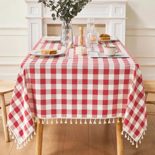Vista 16 de JIALE - Mantel cuadrado de lino de algodón de cuadros Gingham con borlas, lavable, sin arrugas, mantel a cuadros de búfalo para fiesta al aire Beige