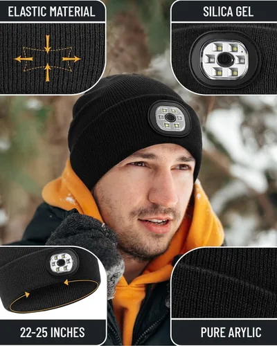 Vista 4 de Gorro LED recargable Gorro de punto unisex de invierno con linterna manos libres para pesca, correr, acampar