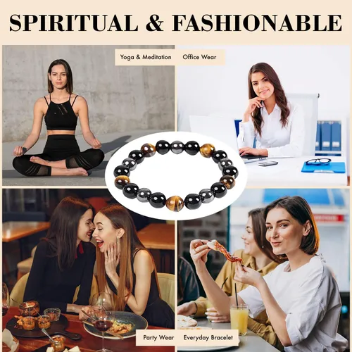 Vista 8 de Bombay - Pulsera de triple protección con cristales de hematita, obsidiana negra, ojo de tigre, pulseras de piedra para hombres, mujeres y parejas