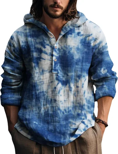 Vista 10 de Sudaderas con capucha para hombre, con estampado de teñido anudado, cuello en V, manga larga, con botones, de gran